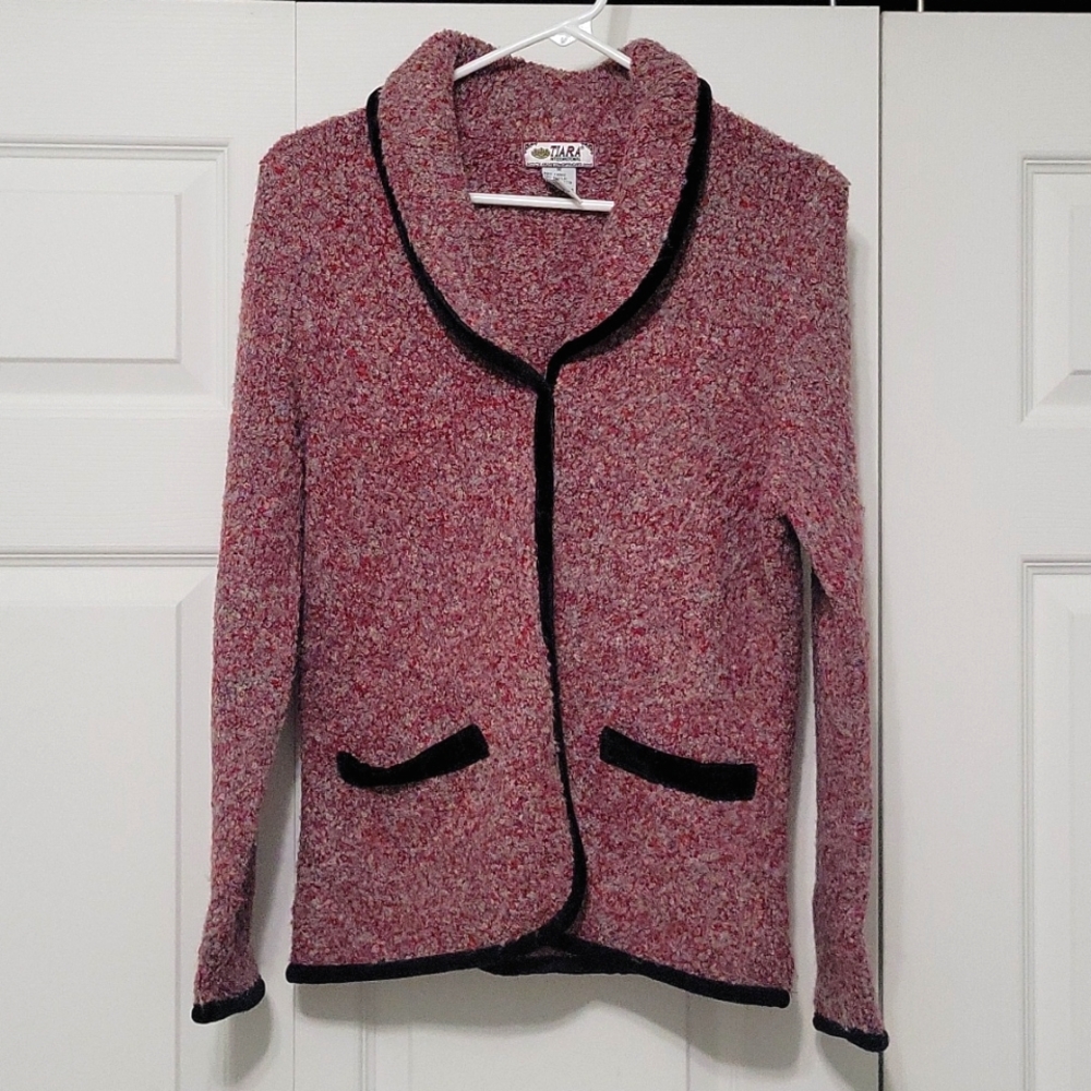 Red/gray/black sweater/cardigan from Tiara. Size medium.